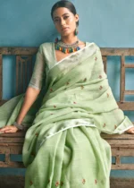 Sage Green Embroidered Linen Saree