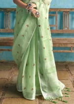 Sage Green Embroidered Linen Saree