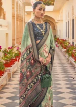 Sage Green Printed Chiffon Silk Saree