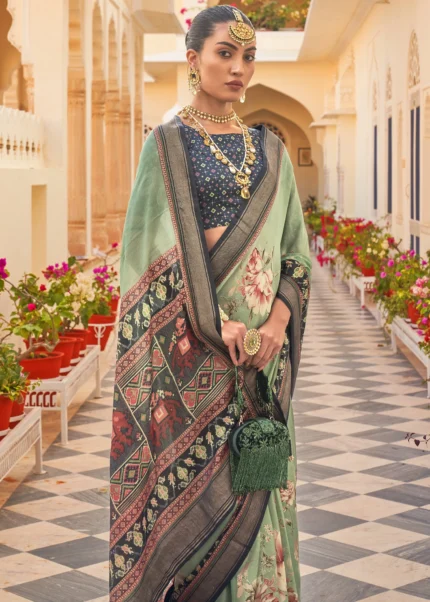 Sage Green Printed Chiffon Silk Saree