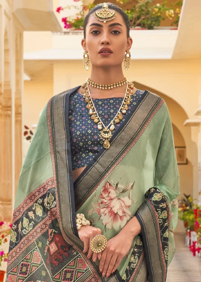 Sage Green Printed Chiffon Silk Saree