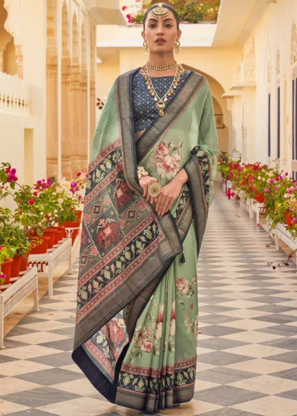 Sage Green Printed Chiffon Silk Saree