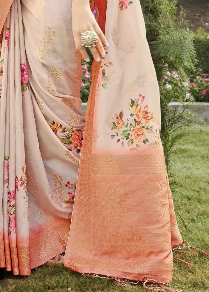 Salmon Orange Linen Silk Saree