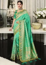 Seafoam Green Satin Silk Banarasi Saree