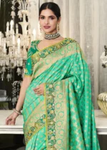 Seafoam Green Satin Silk Banarasi Saree