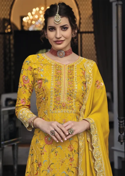 Selective Yellow Embroidery Palazzo Suit