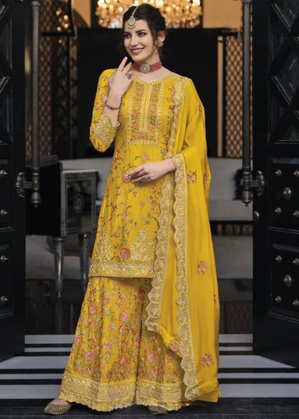 Selective Yellow Embroidery Palazzo Suit