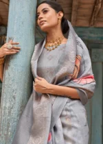 Silver Gray Printed Linen Silk Saree