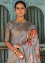 Silver Gray Printed Linen Silk Saree