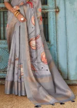 Silver Gray Printed Linen Silk Saree