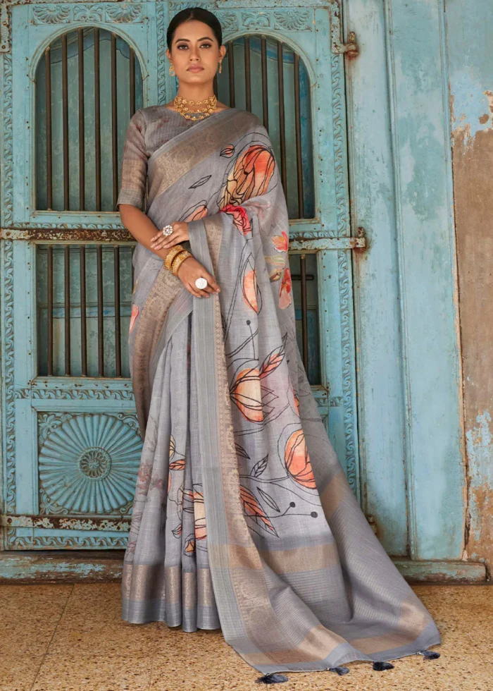 Silver Gray Printed Linen Silk Saree