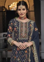 Steel Blue Embroidery Palazzo Suit