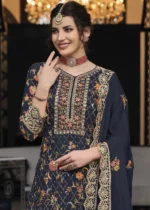 Steel Blue Embroidery Palazzo Suit