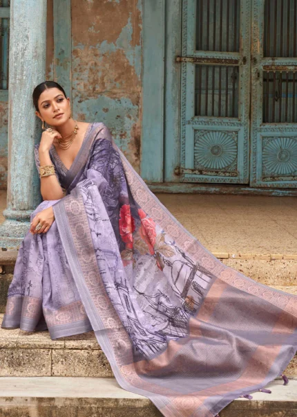 Tulip Purple Printed Linen Silk Saree