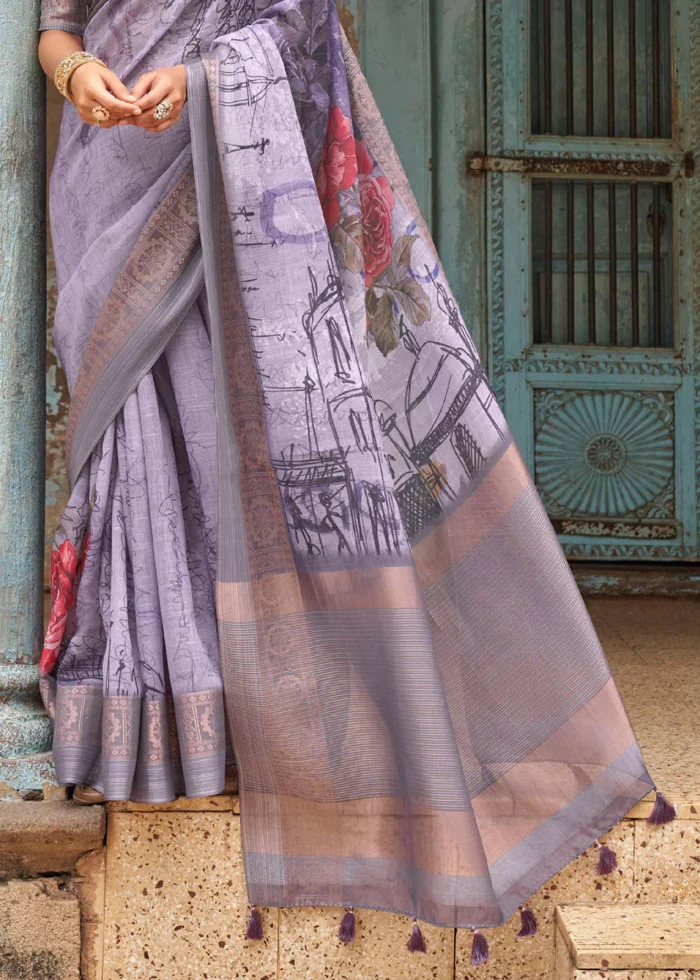 Tulip Purple Printed Linen Silk Saree