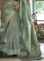 Turquoise Blue Satin Tissue Silk Saree