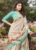 Turquoise Linen Silk Saree