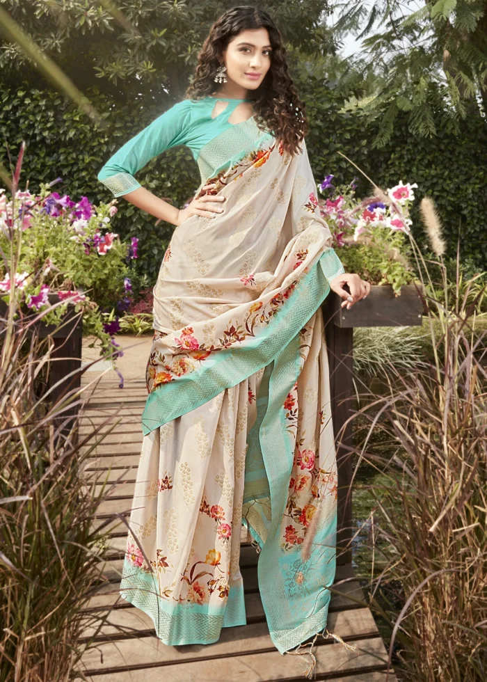 Turquoise Linen Silk Saree