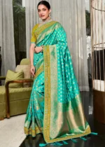 Turquoise Satin Silk Banarasi Saree