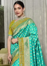 Turquoise Satin Silk Banarasi Saree