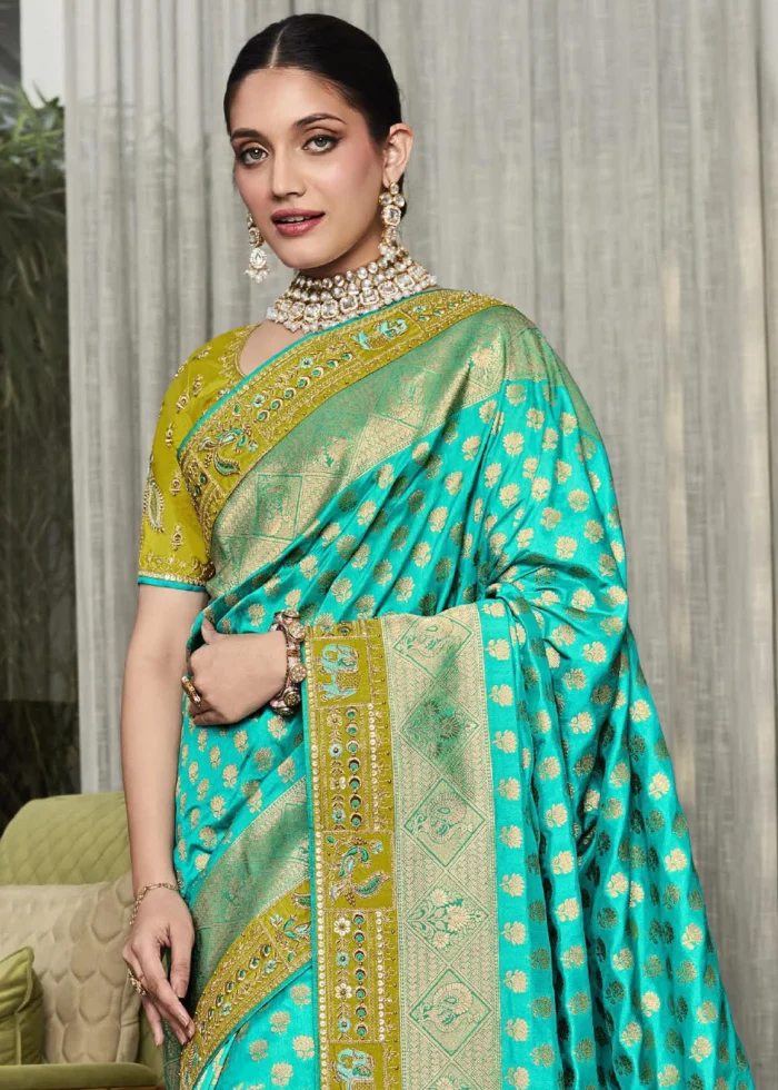 Turquoise Satin Silk Banarasi Saree