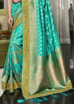 Turquoise Satin Silk Banarasi Saree