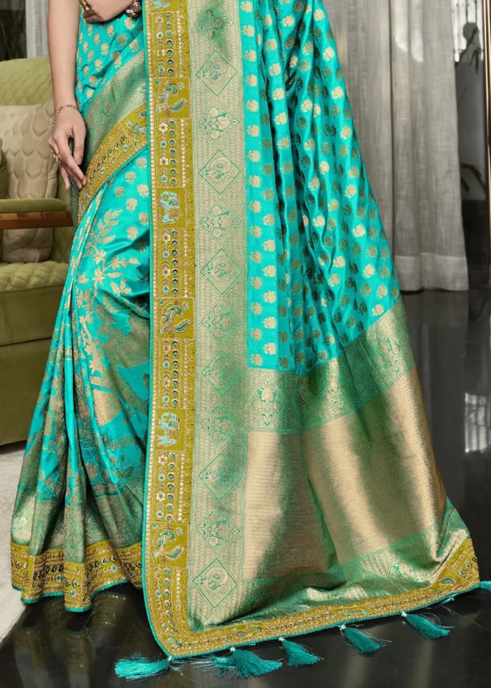 Turquoise Satin Silk Banarasi Saree