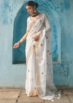 White Embroidered Linen Saree