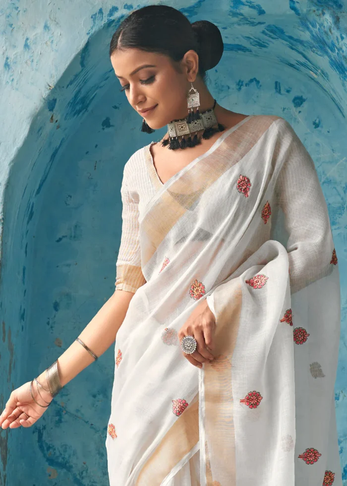 White Embroidered Linen Saree