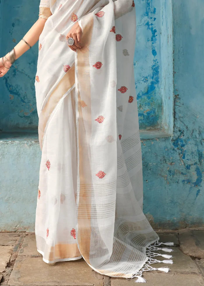 White Embroidered Linen Saree