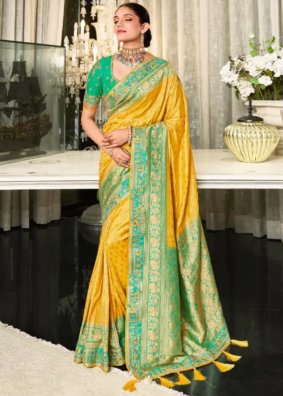 Yellow Satin Silk Banarasi Saree