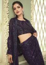 Aubergine Purple Georgette Sequins Saree