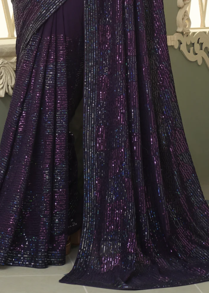 Aubergine Purple Georgette Sequins Saree