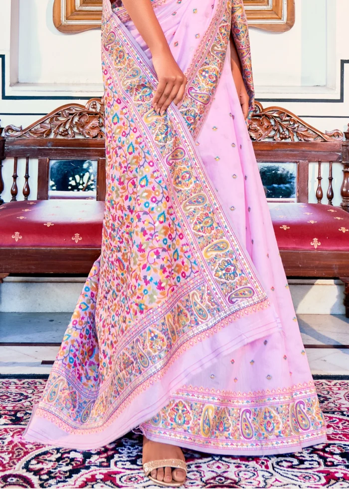 Baby Pink Kashmiri Jamawar Pashmina Saree