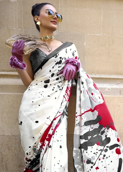 Black & White Satin Crepe Saree