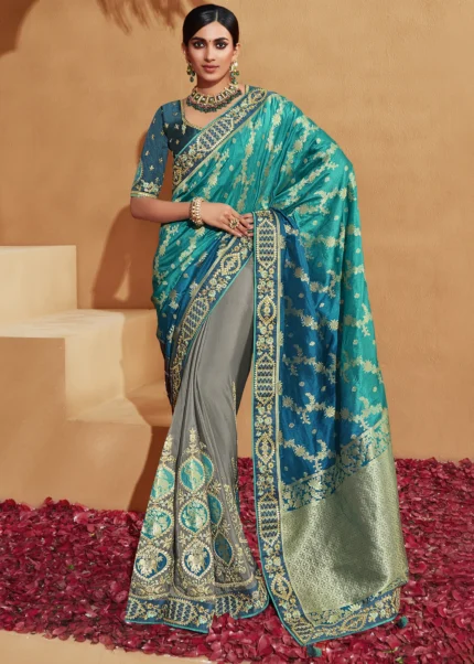 Blue & Gray Banarasi Saree