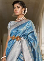 Blue & Gray Banarasi Silk Saree