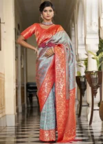 Blue & Orange Banarasi Silk Saree