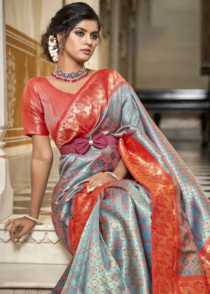 Blue & Orange Banarasi Silk Saree