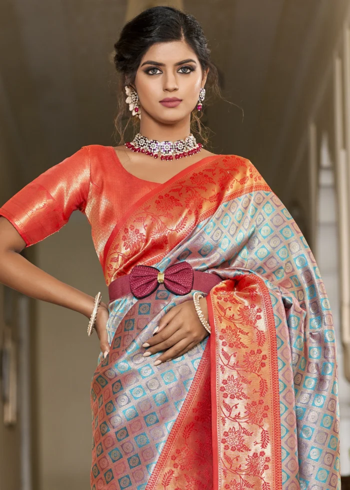 Blue & Orange Banarasi Silk Saree