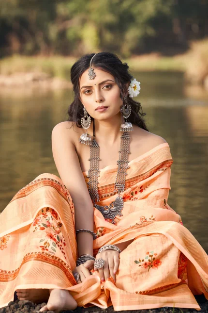 Cantaloupe Orange Cotton Saree