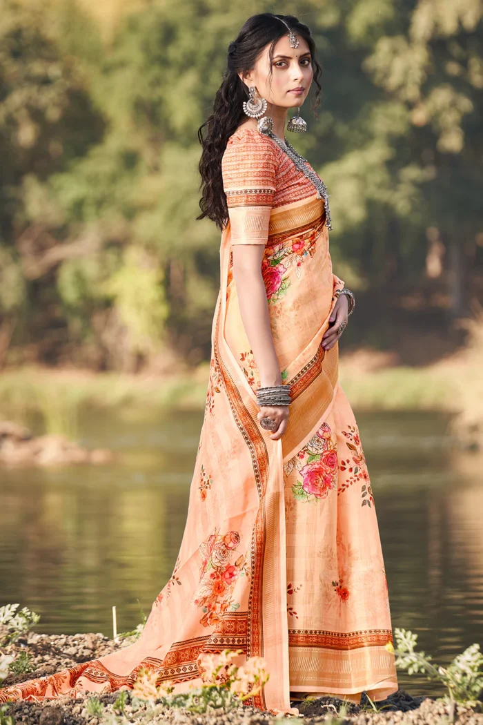 Cantaloupe Orange Cotton Saree