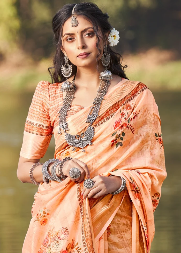 Cantaloupe Orange Cotton Saree