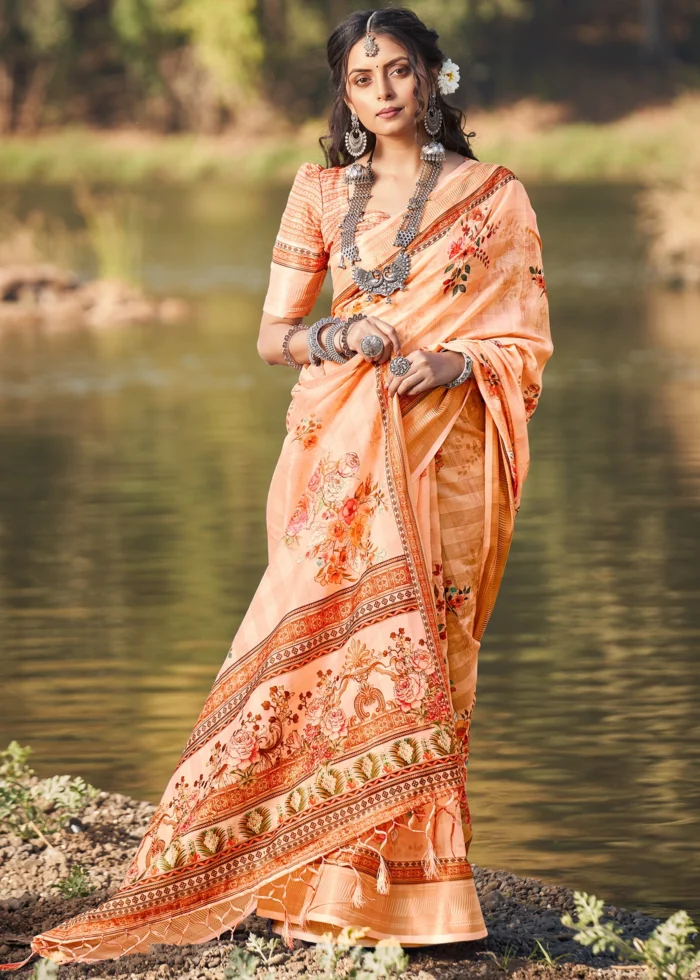 Cantaloupe Orange Cotton Saree