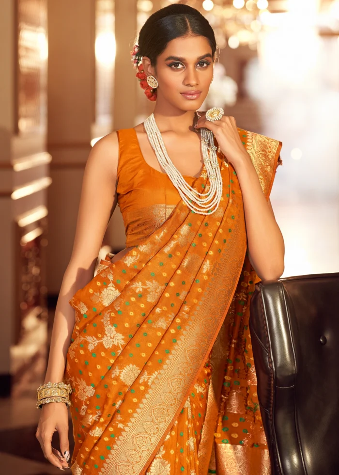 Carrot Orange Chiffon Banarasi Saree