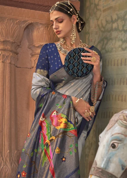 Cloud Gray Paithani Silk Saree