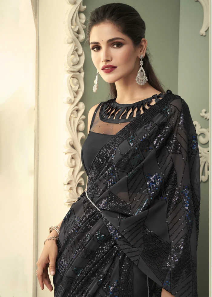 Cocktail Black Georgette Sequins Saree