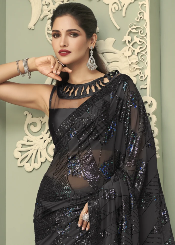 Cocktail Black Georgette Sequins Saree