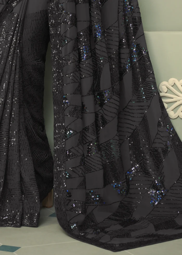 Cocktail Black Georgette Sequins Saree