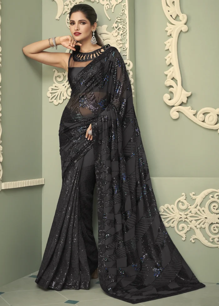 Cocktail Black Georgette Sequins Saree